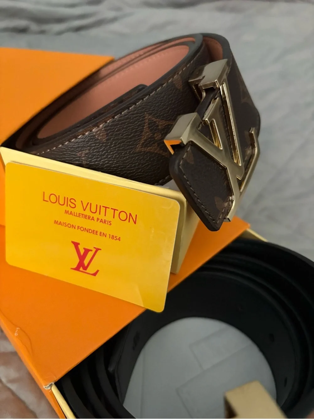 Louis Vuitton Brown Monogram Belt with Gold LV Buckle